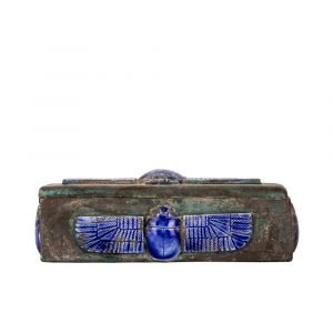 Blue Lips winged scrab adorned, antique vintage Dominoes box