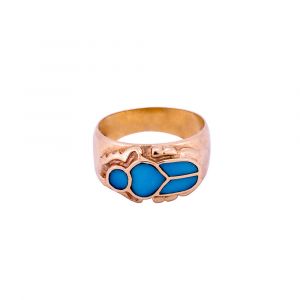 Ancient Egyptian Scarab Ring Handmade of 18K Gold and inlaid with semi-precious Turquoise stone