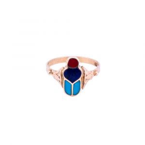 Ancient Egyptian Scarab Ring handmade of 18K Gold and Inlaid with semi-precious stone, Semi-Precious Stone Ring