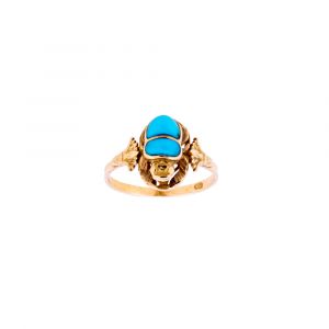 Ancient Egyptian Scarab 18K Gold Ring inlaid with Semi-precious Turquoise stone