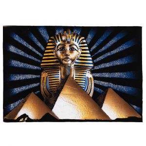 Egyptian Papyrus Portrait of Tutankhamen’s golden mask, the great pyramids and the sun rays, symbolizing of Ancient Egypt History