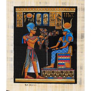 Egyptian handmade papyrus shows a portrait of a King with a blue crown of the war offering Louts flowers to the Goddess Hathor