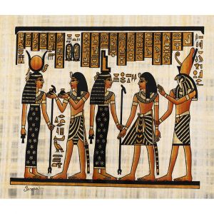 Egyptian papyrus portrait of King Ramesses the Great  in an offering scene to Goddess Isis and Goddess Hathor guided by Horus 