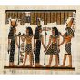 Egyptian papyrus portrait of King Ramesses the Great  in an offering scene to Goddess Isis and Goddess Hathor guided by Horus 