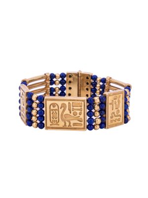 Pharaonic Designed Hand-Bracelet handmade of 18K Gold and inlaid with semi-precious stone, Lapis Gold Bracelet