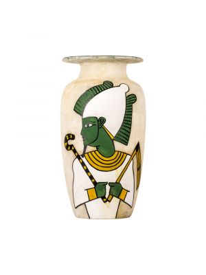 White Marble Alabaster vase handmade featuring Osiris God figure, White Marble Vase