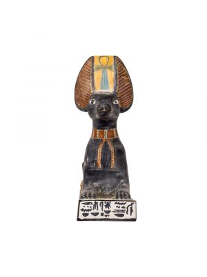 Front pose of the Jackal headed statue of Anubis God with vivid black hand paint, with a key of life on the head of the jackal