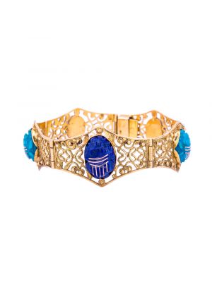 Egyptian Scarab 18K Gold Bracelet, hand-inlaid with Semi Precious Stones, Stone Scarab Bracelet