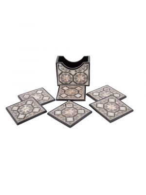 A set of 6 Drink Coasters with a Holder handmade of Wood and inlaid with Mother of pearls, Drink Coaster with holder