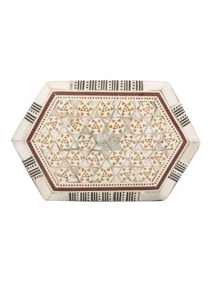 Different shaped mother of pearl inlaid in beautiful geometrical floral patterns, Hexagonal Wooden Box