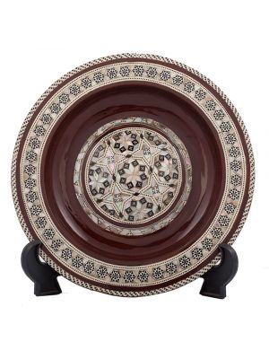 Front Image, Brown Arabesque pattern designed decorative plate handmade and inlaid with mother-of-pearls, Decorative plate for hanging