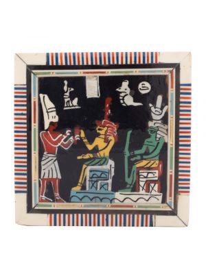 Front Image of a pharaonic scene wood box handmade inlaid with mother of pearls, Jewelry Gift Box