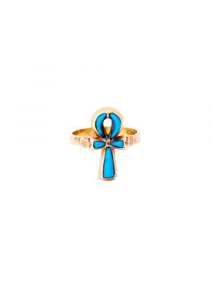 18k Gold handmade Turquoise inlaid Key of life Ring, Gold Ankh Ring