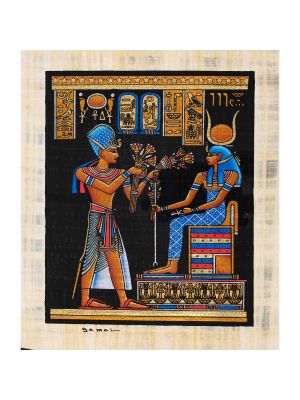 Egyptian handmade papyrus shows a portrait of a King with a blue crown of the war offering Louts flowers to the Goddess Hathor