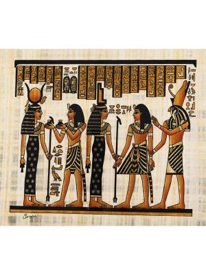 Egyptian papyrus portrait of King Ramesses the Great  in an offering scene to Goddess Isis and Goddess Hathor guided by Horus 