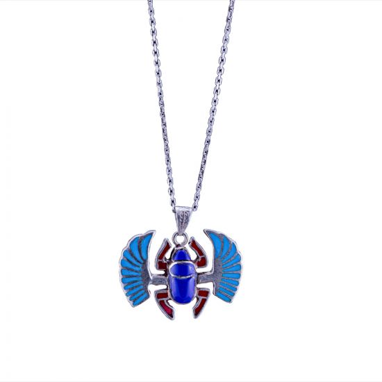 Silver sterling Necklace with a pendant of the Egyptian Winged Scarab hand-adorned with Semi-precious stones of Blue Lips, Coral and Red Coral