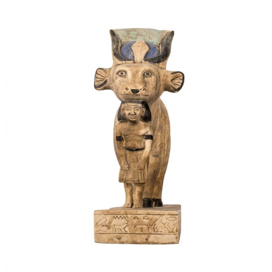 Hathor sculpture with the body of the cow, handmade of Limestone and finished with neutral beige color