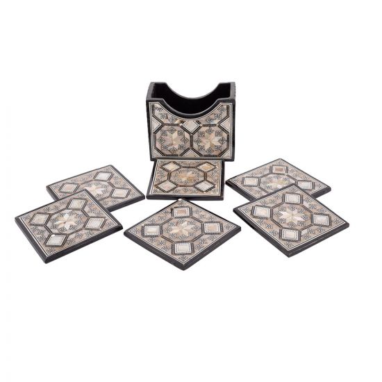 A set of 6 Drink Coasters with a Holder handmade of Wood and inlaid with Mother of pearls, Drink Coaster with holder