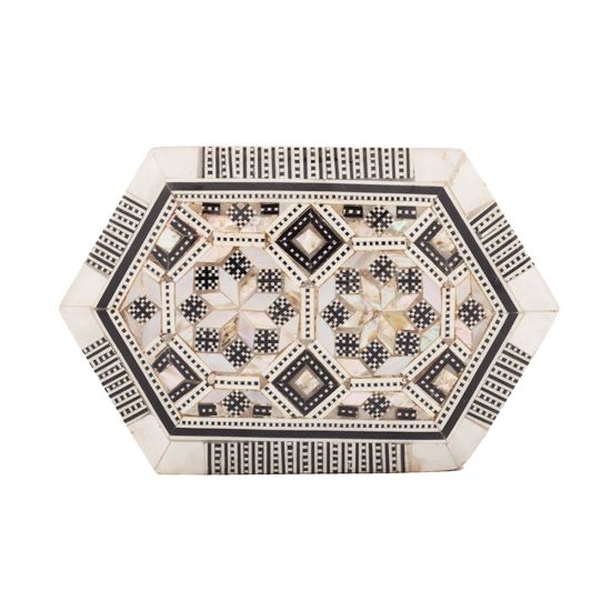 Wooden inlaid with rare precious mother of pearl hexagonal box, The pearls are inlaid in Geometrical floral patterns that are known as arabesque art style