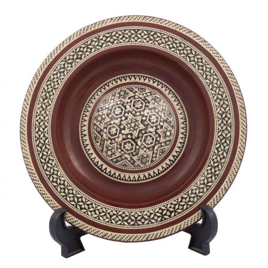 Front Image of Arabesque designed Plate, handmade of wood and inlaid with mother-of-pearl, hanging mother-of-pearl plate