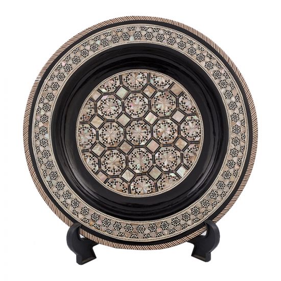 Black Arabesque designed Plate handmade and inlaid with mother-of-pearl, Egyptian Antique Plate, Front Image