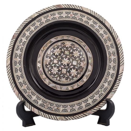 Black painted arabesque antique plate handmade of wood and inlaid with mother of pearls, Arabesque antique plate