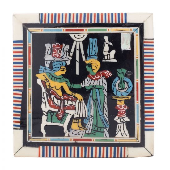 Front image, pharaonic scene of king tut, jewelry wood box with laid and lock, mother-of-pearl inlaid, small vintage wooden boxes