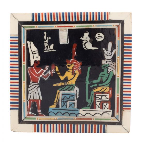 Front Image of a pharaonic scene wood box handmade inlaid with mother of pearls, Jewelry Gift Box