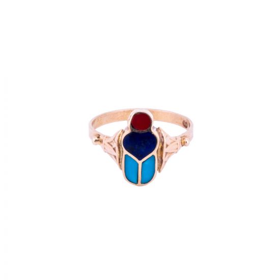 Ancient Egyptian Scarab Ring handmade of 18K Gold and Inlaid with semi-precious stone, Semi-Precious Stone Ring