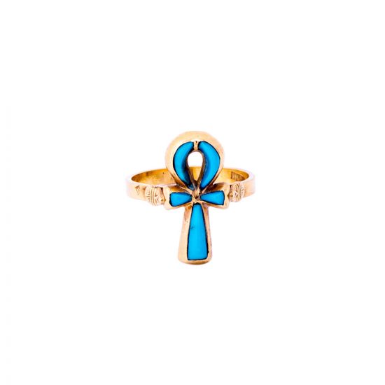 18k Gold handmade Turquoise inlaid Key of life Ring, Gold Ankh Ring