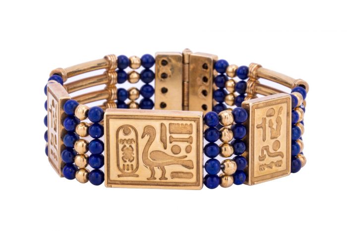 Pharaonic Designed Hand-Bracelet handmade of 18K Gold and inlaid with semi-precious stone, Lapis Gold Bracelet